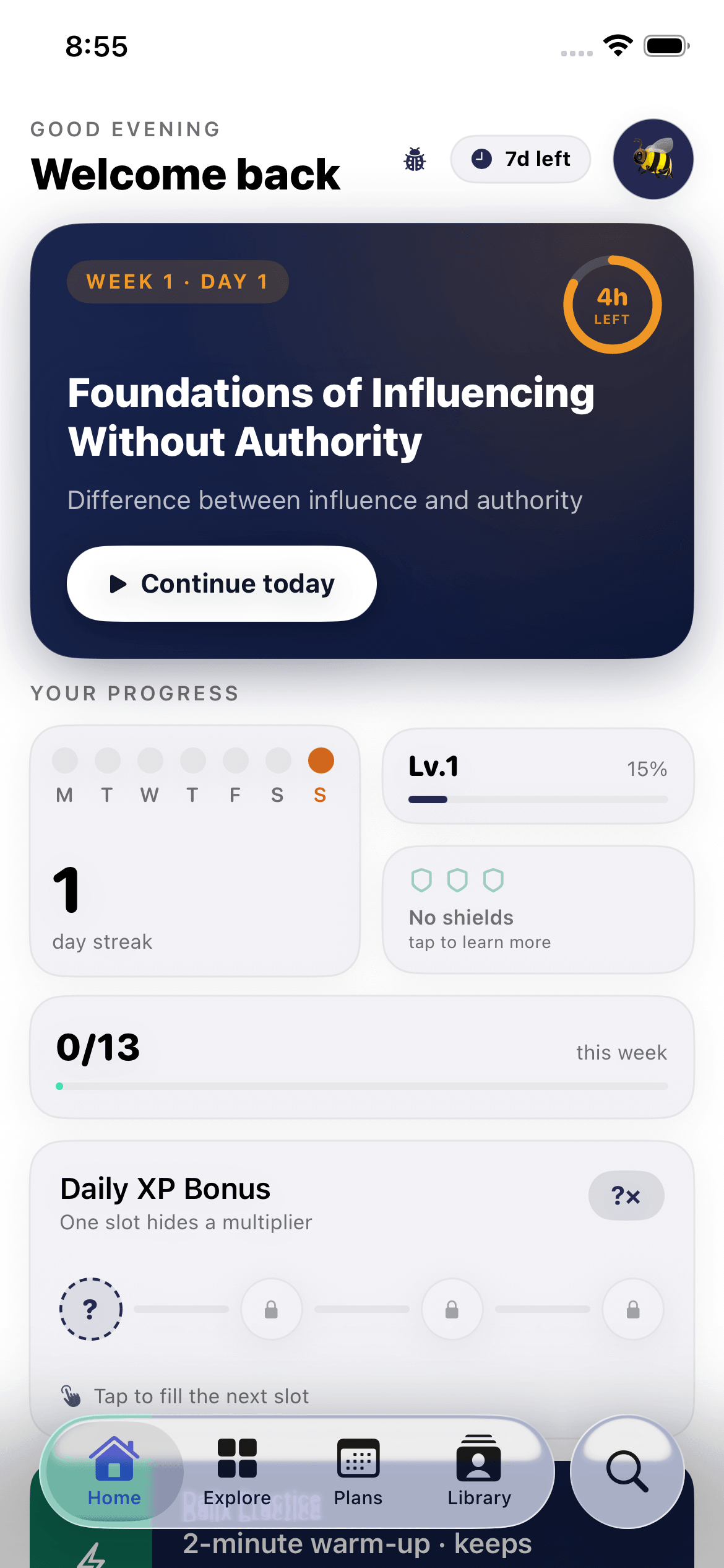 GapFix dashboard — weekly focus, streak, level and XP bonuses