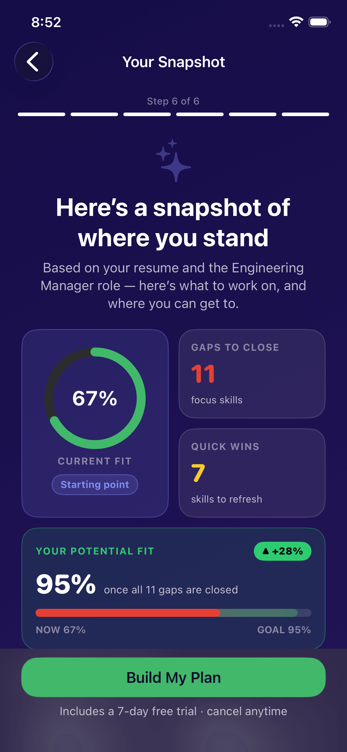 GapFix — your gap snapshot: current fit, gaps to close, quick wins