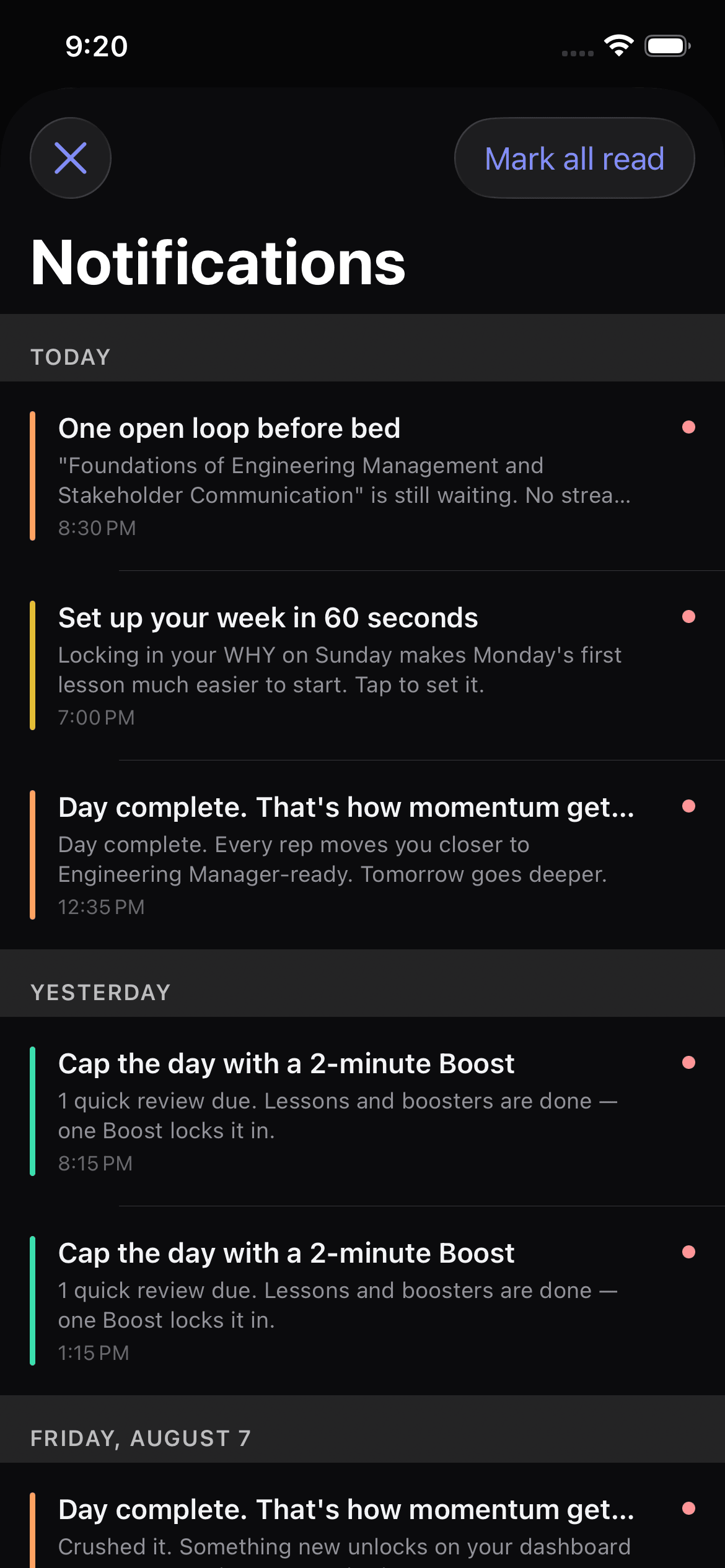 GapFix notifications — smart nudges tuned to your day, streak alerts and review reminders