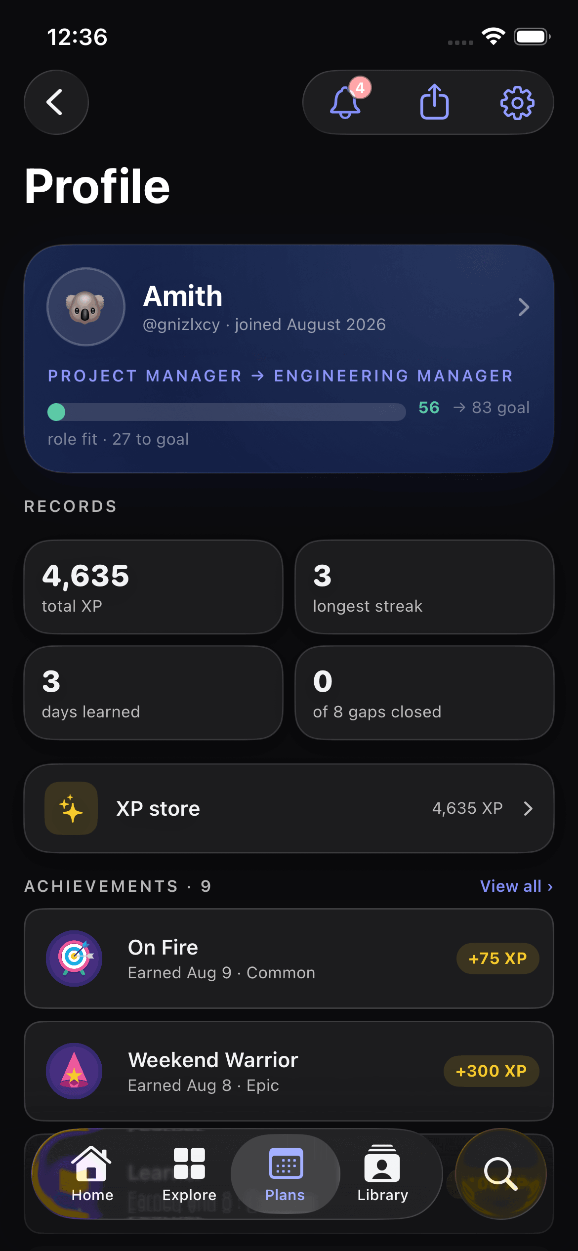 GapFix — profile with XP, records and achievements