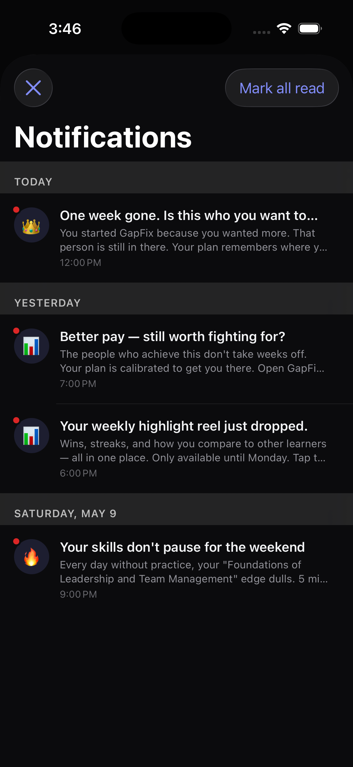 GapFix smart reminders screen